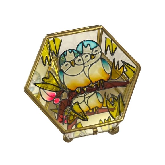 Other - Vtg Brass and Glass Painted Owls on Branch Hexagon Curio Box Mirrored Bottom